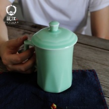 瓯江龙泉青瓷茶杯办公杯带盖陶瓷杯水杯果汁杯菱杯茶具杯陶瓷杯子