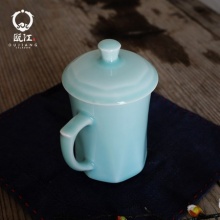 瓯江龙泉青瓷茶杯办公杯带盖陶瓷杯水杯果汁杯菱杯茶具杯陶瓷杯子