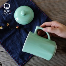 瓯江龙泉青瓷茶杯办公杯带盖陶瓷杯水杯果汁杯菱杯茶具杯陶瓷杯子